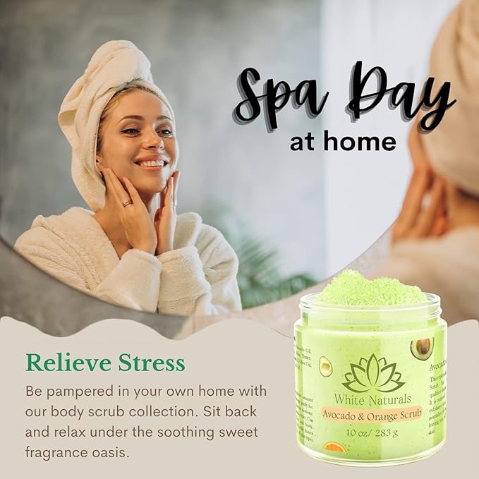Organic Avocado & Orange Body Scrub Moisturize & Soften Skin, Pure Natural Skincare Exfoliator, Shower Salt Scrub For Exfoliating Dead Skin cells, Body Scrubber & Face Cleanse with Essential Oils