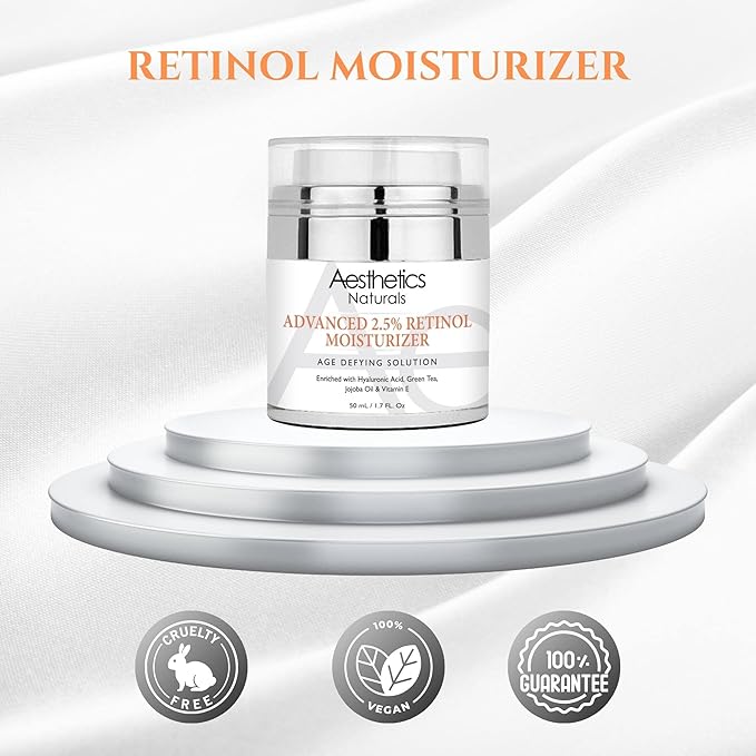 Retinol Cream - Anti-Aging Face & Neck Moisturizer with 2.5% Retinol, Vitamin E, Green Tea, Hyaluronic Acid, Organic Jojoba Oil, & Shea Butter, Day & Night Anti-Wrinkle Cream 1.7oz