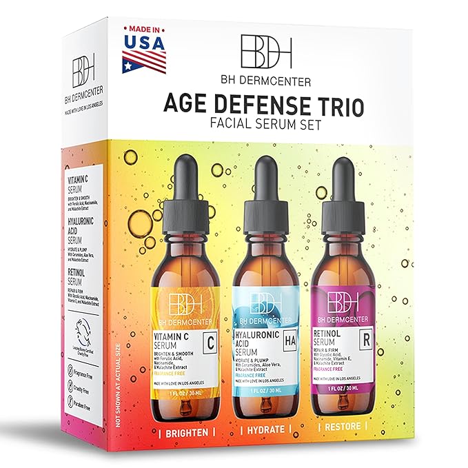 Age Defense Trio Anti-Aging Serum Set for Face and Eyes - Vitamin C, Retinol, Hyaluronic Acid Face Serum for Men and Women - 30ml Each - Paraben Free, Cruelty Free