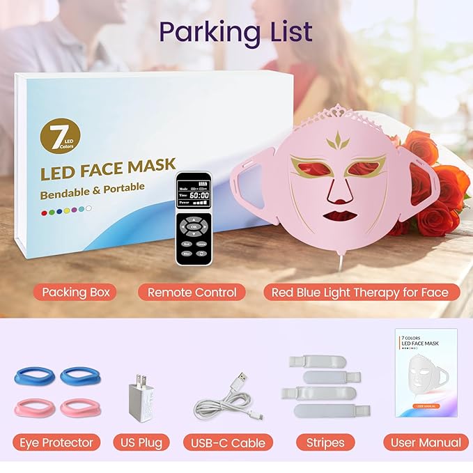 Led Light Mask for Face, Red Light Therapy for Face, 7 Colors Led Facial Mask Light Therapy, Silicone Facial Light Therapy Device, Blue Light Face SkinCare Facial Mask, for Collagen Production