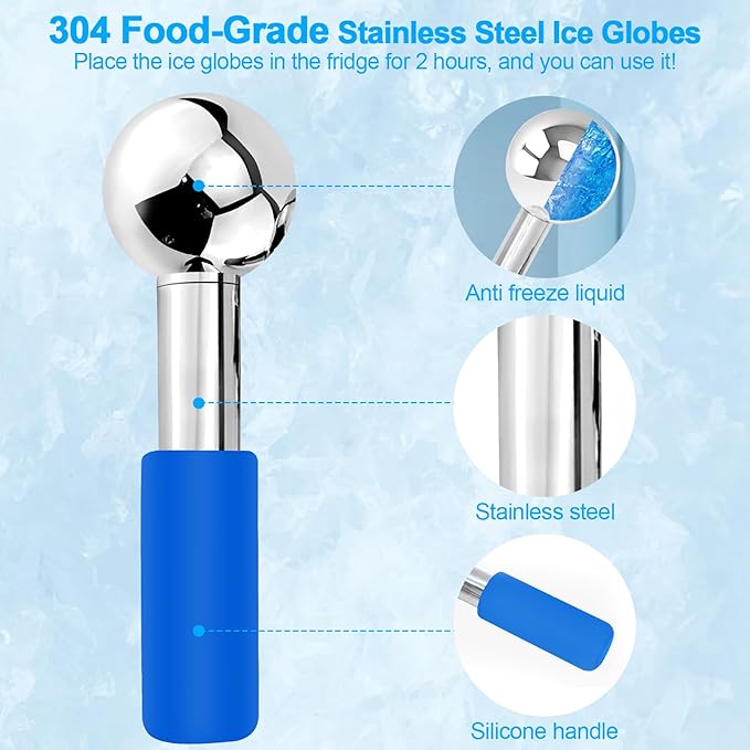 CGBE 360 Rotating Ice Globes for Face, Food-Grade Stainless Steel Facial Globes for Cryo Therapy, Smaller Ice Globes for Facials Reduce Wrinkles & Swelling - Blue