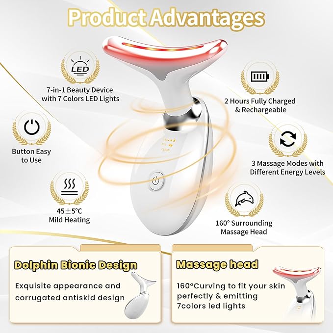 Face Light Therapy Device, Based on Triple Action LED, Thermal, and Vibration Technologies, Face and Neck Beauty Device with 7 Color LED for Home Use, Improve Skin(Glossy White)
