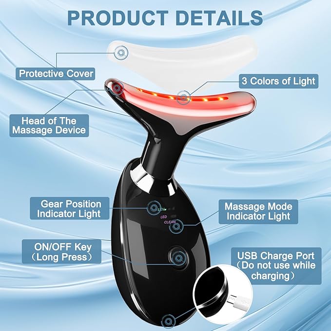 Facial and Neck Massager,Face Tool with 3 Colour Modes and Vibration,Facial Beauty Device for Skin Care (Black)