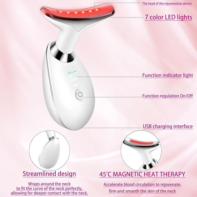 Face and Neck Massager Tool, 7-in-1 Color Red-Light-Therapy Wand for Skin Care, White