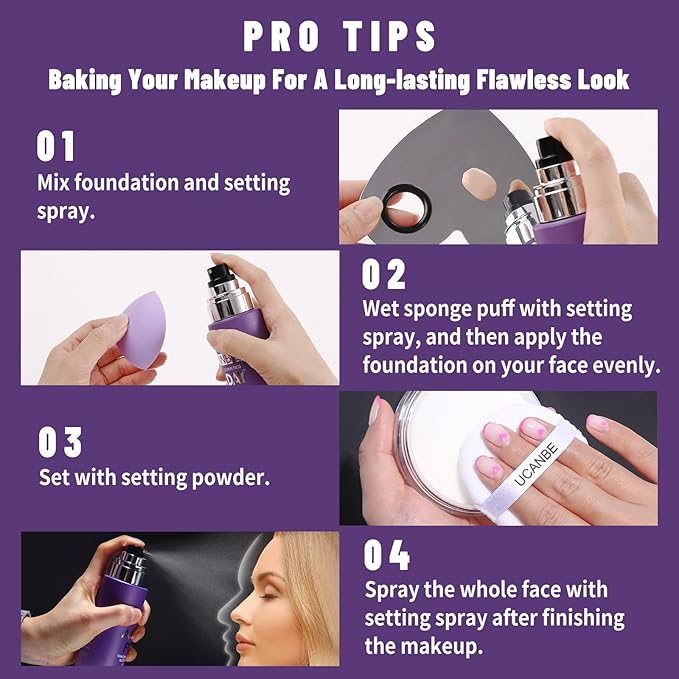 UCANBEMAKUP Long Lasting Makeup Setting Spray Kit- 6.76 Fl oz Hydrating Matte Finish Mist Lightweight Face Make up Fixer +Translucent Loose Setting Powder+2PC Sponge Puff Set