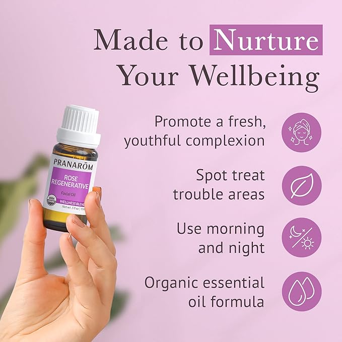 Pranarom - Rose Regenerative Facial Essential Oil Blend (5ml) - Lavender, Rosehip Seed, Frankincense, and Lemon - 100% Pure Essential Oil for Skincare | USDA and ECOCERT Certified Organic