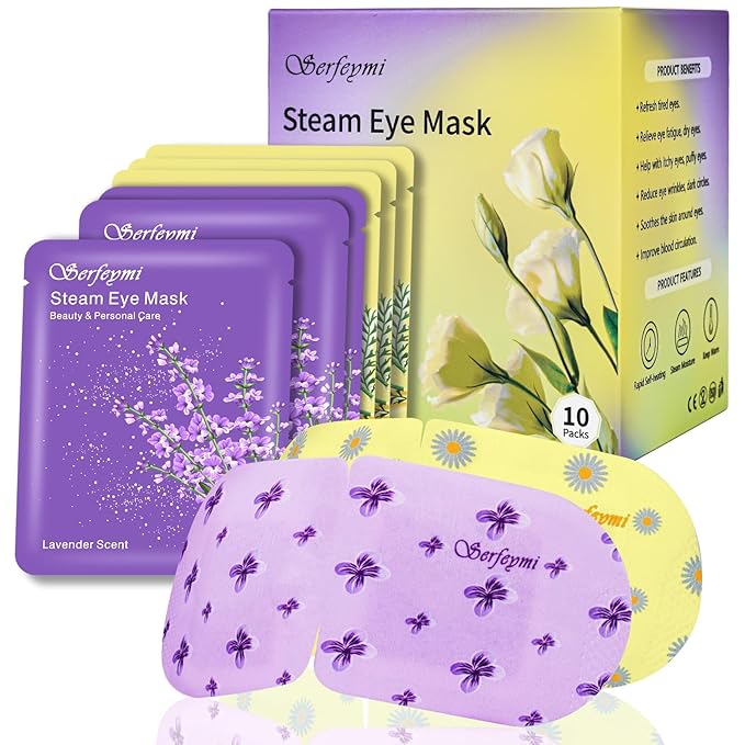 Serfeymi 10 Packs Steam Eye Masks Relieve Eye Fatigue, Hot Compress Self Heating Warm Eye Mask, Disposable Eye SPA Heated Eye Mask for Dry Eyes Dark Circles Tired Eyes -Lavender(5PCS)+ Chamomile(5PCS)