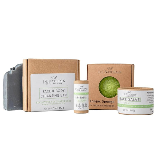 J&L Naturals Simple Skin Regimen Kit With Cleansing Bar, Face Salve, Konjac Sponge, Lip Balm | For Oily, Dry, Mature, and Combination Skin | Zero Waste (Balance (oily, combination skin), Simple)