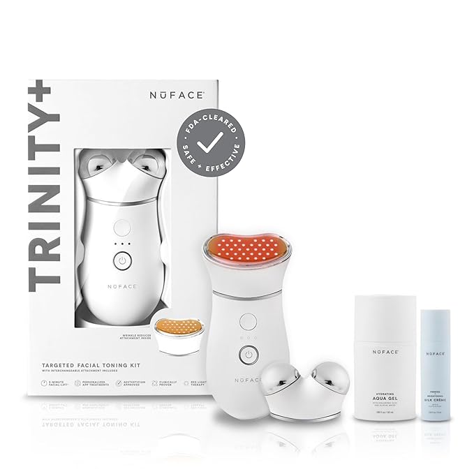 NuFACE TRINITY+ Microcurrent Facial Device + LED Red Light Wrinkle Reducer Attachment - FDA Cleared Skin Tightening Device + Microcurrent Gel Activator & Silk Creme