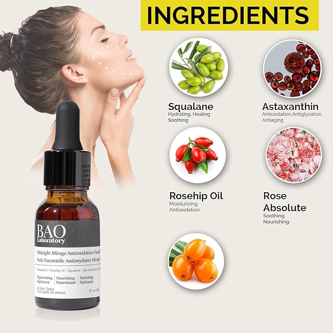 Midnight Mirage Antioxidant Serum for Face + Hydrating & Regenerating Serum | Anti-Aging Serum for Women With Squalane Rosehip Sea Buckthorn Oil | Fine Lines and Wrinkles Care (30 ML)