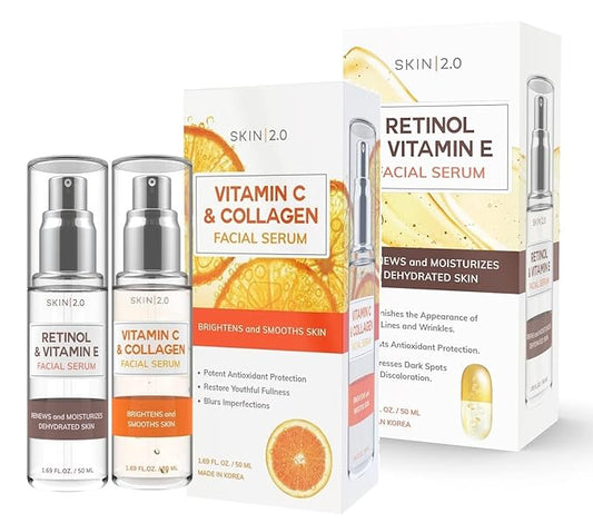 Vitamin C & Collagen + Retinol & Vitamin E Facial Serum Set - Dermatologist Tested, Anti-Aging, Dark Spot Remover, Brightening - Cruelty-Free, Clean Beauty, Korean Skincare - 1.69 oz (2-Pack)