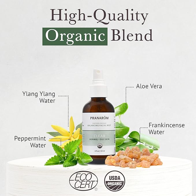 Facial Mist (4oz / 120ml) - 100% Pure & Natural Essential Oil Facial Mist for Dry Skin Hydration & Toning (Clear (Oily Skin))