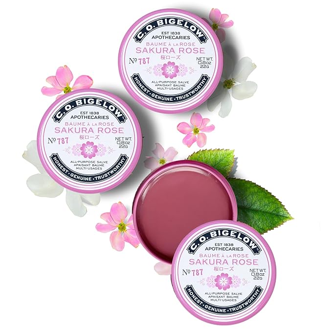 C.O. Bigelow All Purpose Lip Balm Tins, Sakura Rose - Pack of 3 for Chapped Lips & Dry Skin - Moisturizing Lip, Cuticle and Skin Salves, 0.8 oz each