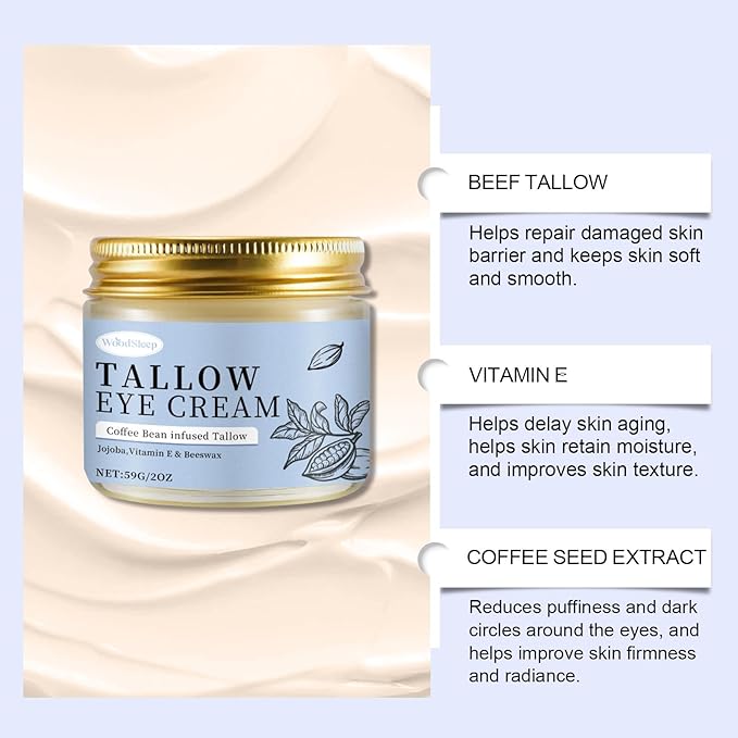 Coffee Beef Tallow Eye Cream for Dark Circles, Beef Tallow for Skin,Organic Grass Fed Beef Tallow Eye Cream, Rapid Wrinkle Repair, Daily Anti-Aging Under Eye Cream, Tired Eyes, Fragrance Free,