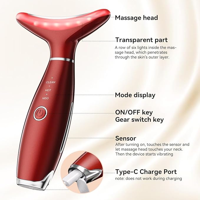 Neck Face Massager, Portable Face Sculpting Tool, 3 Modes Facial Massager, Face Massager Tool for Skin Care, Red