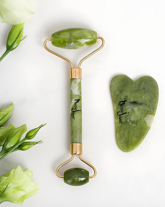 Jade Roller for Face and Gua Sha Facial Tools - Certified Face Roller and GuaSha for Your Skincare Routine - Birmania Jade 100% - Includes Real Jade and Stones, Skin Care Massage
