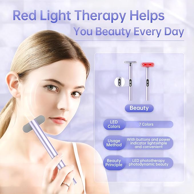 Light-Therapy-Wand, Red Light Therapy for Face and Neck Facial Wand 7 in 1 Led Beauty Wand Red & Blue Rejuvenation Face & Eye Massager Skincare Tool