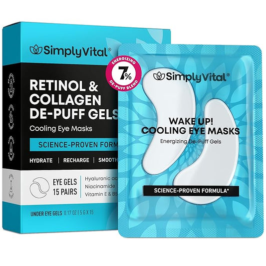 SimplyVital Cooling Eye Masks with Retinol, Collagen and Hyaluronic Acid - Under Eye Patches for Women - Undereye Mask Patches for Puffy Eyes and Dark Circles - De-Puff Gels - 15 Pairs