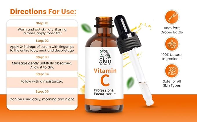 Skin Natural's Vitamin C Facial Serum - Anti-Aging, Brightening & Hydrating - Hyaluronic Acid, Retinol & Vit E - Fades Dark Spots - for All Skin Types, 1 fl Oz (1 Fl Oz)