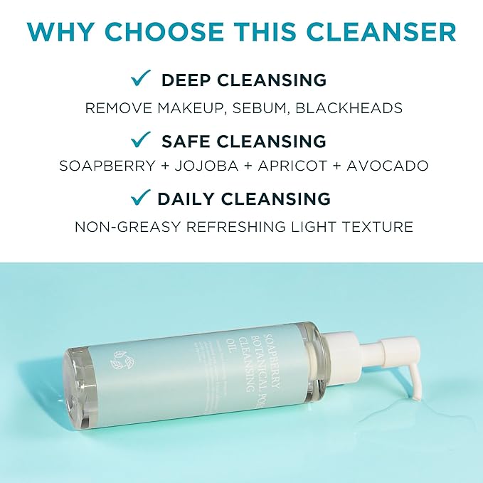 Soapberry Botanical Cleansing Oil, Korean Facial Cleanser Makeup Remover for Heavy Makeup with Jojoba, Apricot, Avocado Oil, Blackhead Removal (5.07 fl. oz, 150ml)