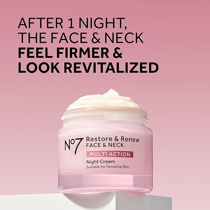 No7 Restore & Renew Multi Action Face & Neck Cream - Nighttime Collagen Peptide Facial Moisturizer - Anti Aging Face Cream Enriched with Hyaluronic Acid, Shea Butter + Vitamin E to Firm Skin (50ml)