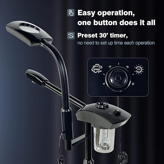 KINGSTEAM Professional Facial Steamer, 2 in 1 Ozone Facial Steamer on Wheels with 3X Magnifying Lamp, Hot Mist Steam Machine with Time Preset Function for Face Spa, Home, Aromatherapy and Skin Clinic