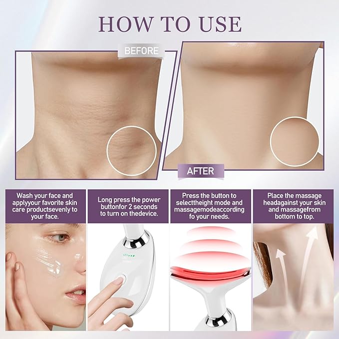 7 Color Facial and Neck Massager, Multifunctional Facial Skin Care Tool, Face Neck Massager for Daily Skin Care Routine, Facial Massager Tool (White)