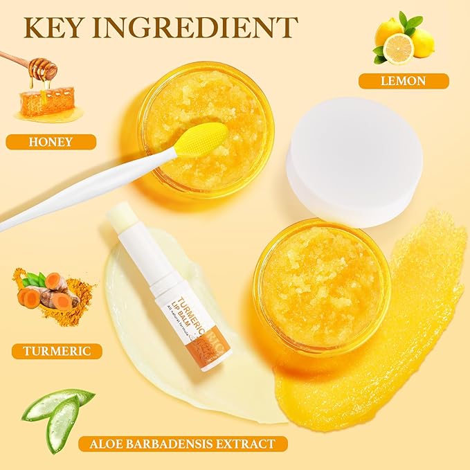 3PCS Turmeric Lip Balm and Turmeric Lemon Lip Exfoliator Scrub with Brush Set, Dark Lips Treatment for Smokers, Natural Exfoliator & Moisturizer Cracked, Dull, Reduce Fine Lines Lips