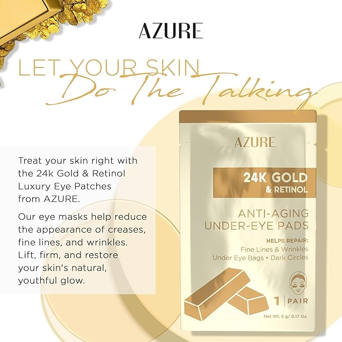 AZURE 24K Gold & Retinol Anti Aging Under Eye Patches - Firming, Restoring & Deeply Hydrating Eye Mask - Reduces Fine Lines, Wrinkles, Dark Circles & Puffiness - Skin Care Made in Korea - 10 Pairs