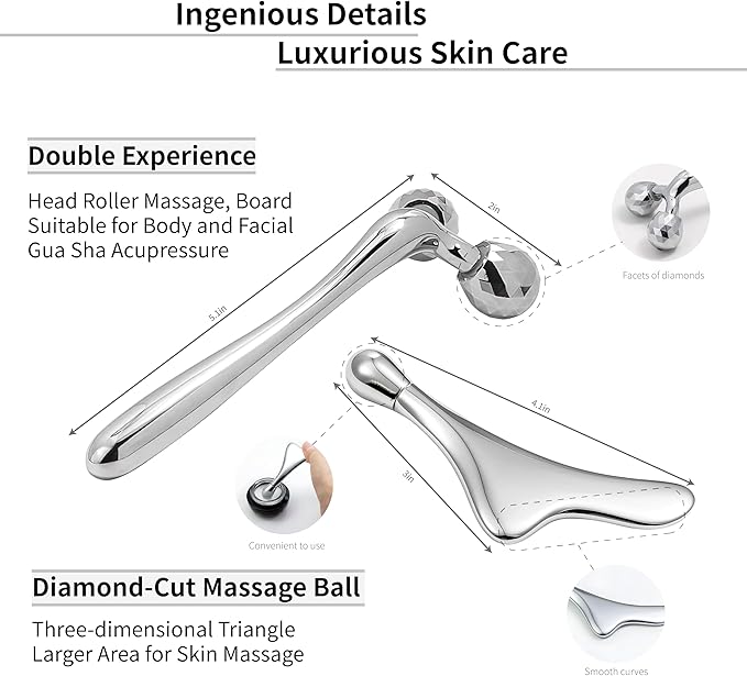 Face Roller Massage Skin & Gua Sha Facial Tools, Eye Roller for Puffy Eyes, Cream Applicator for Lift 4-in-1,Massage Tool for Face Neck Eye Body Skin Care. Skin Care Gift for Women.