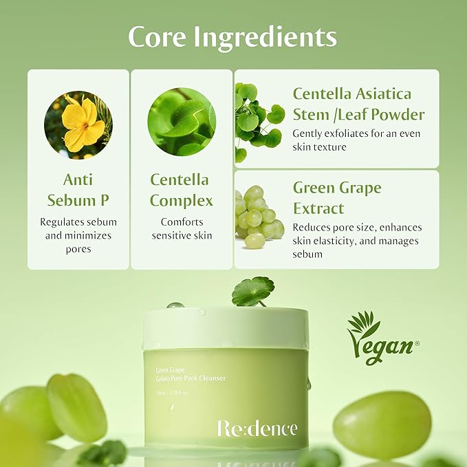[Redence] Green Grape 3-in-1 Gelato Pore Mask Cleanser, Pore Exfoliating Scrub Mud Mask, No Tightness, Korean Skin Care, 100ml / 3.38 fl oz