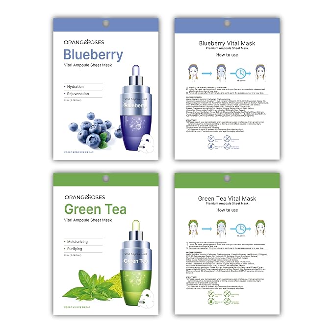 【Orangeroses】 13 Pcs Combo Vital Ampoule Sheet Mask, Korean Facial Skincare Sheet | Simple & Effective Skincare Routine | Moisturization | Wrinkle Care | Brightening (New Upgraded Mask)