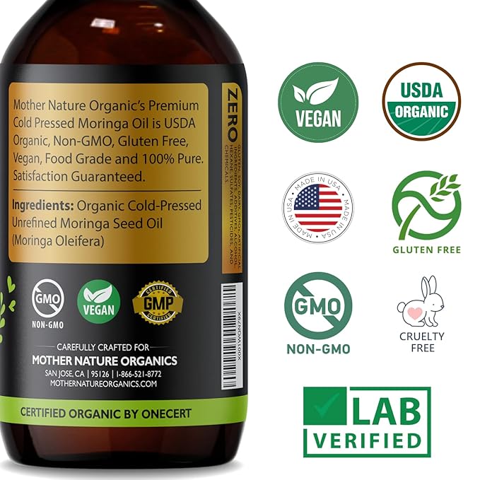 Mother Nature USDA Organic Moringa Seed Oil, 100% Pure, Cold-Pressed, Unrefined Oil for Face, Skin Care & Hair Growth, Aceite de Moringa para la Cara, Anti-Aging. Non-GMO & Gluten Free (4 Oz)