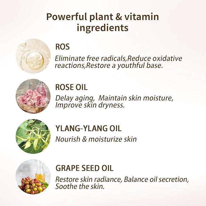 Anti-Aging Facial Oil, Natural and Organic Facia Essence with ROS, Vitamin E Oil, Grape Seed Oil,Tea Tree 1.69 Ounce (1.69 Fl Oz, Rose)