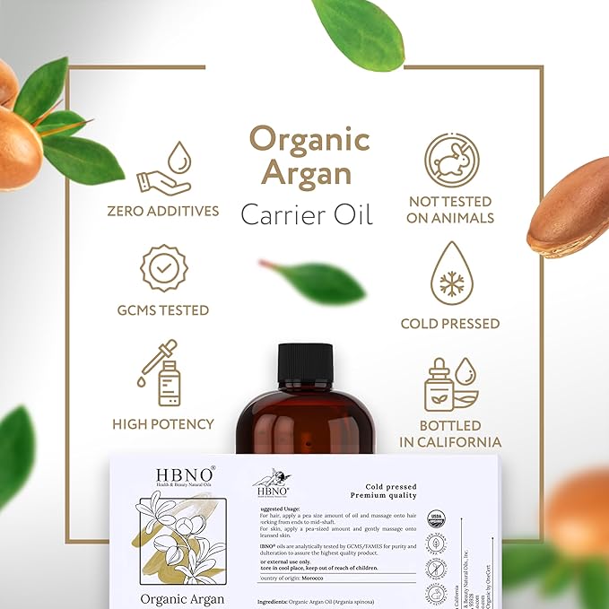 HBNO Organic Argan Oil - Huge 16 oz (475 ml) Value Size - Natural Argan Oil, Cold Pressed - Perfect Carrier Oil for Massage, Aromatherapy, DIY, Soap Making, Face, Body, Lips, Hair, Nails - Argan Oil