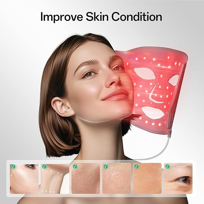 Red Light Mask for Face and Neck - Facial Skin Care Device, Portable, Lightweight, Rechargeable and Ergonomic Design for Home (White)