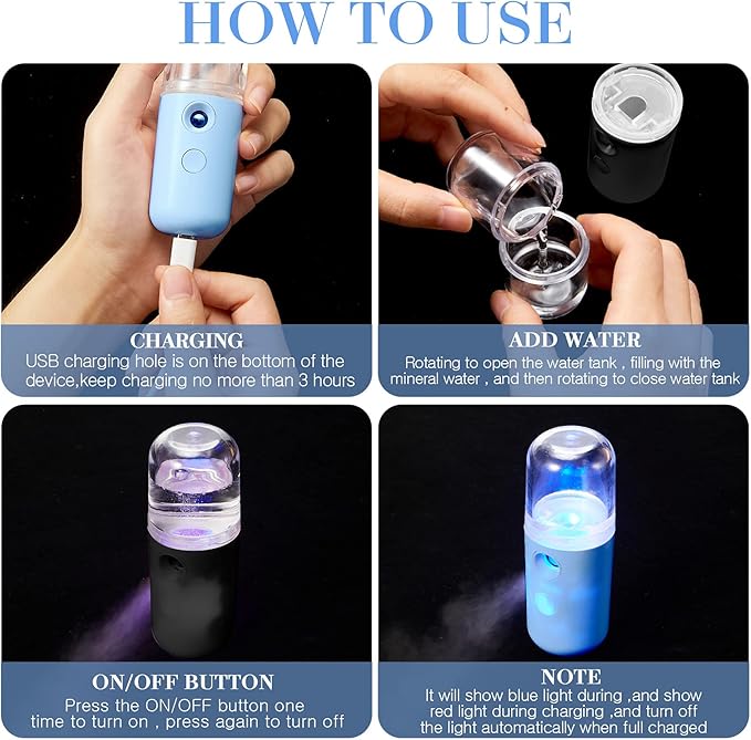 Honoson 2 Pieces Nano Facial Mister 30 ml Mini Face Humidifier Portable Facial Sprayer USB Rechargeable Handy Skin Care Machine for Face Hydrating, Daily Makeup (Black and Blue)