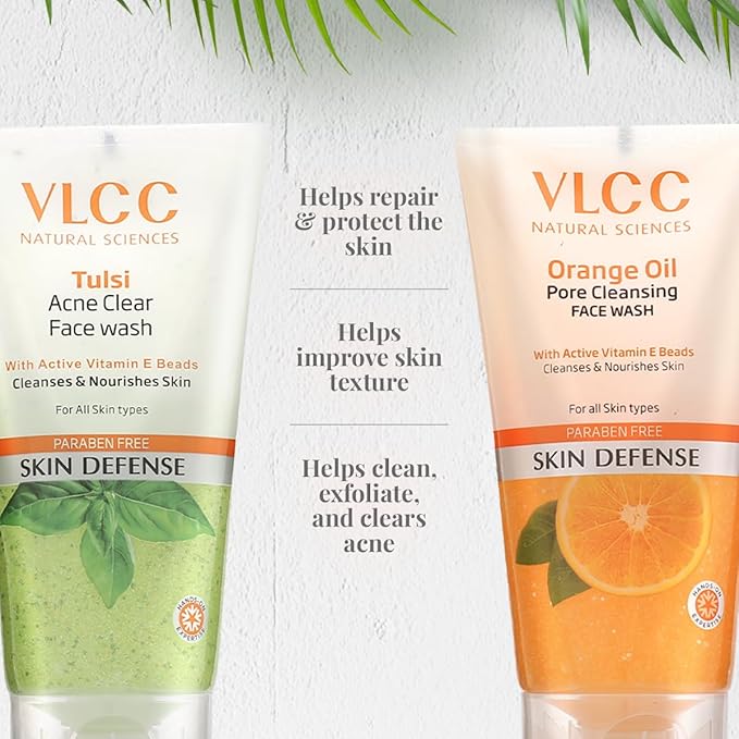 VLCC Holy Basil + Orange Oil Face Wash Combo for Acne & Pore Cleansing | Clears Pimple, Clogged Pores & Oil | Reduces Breakouts & Soothes Skin | 5.07 Fl Oz/150 ml (Pack of 2)