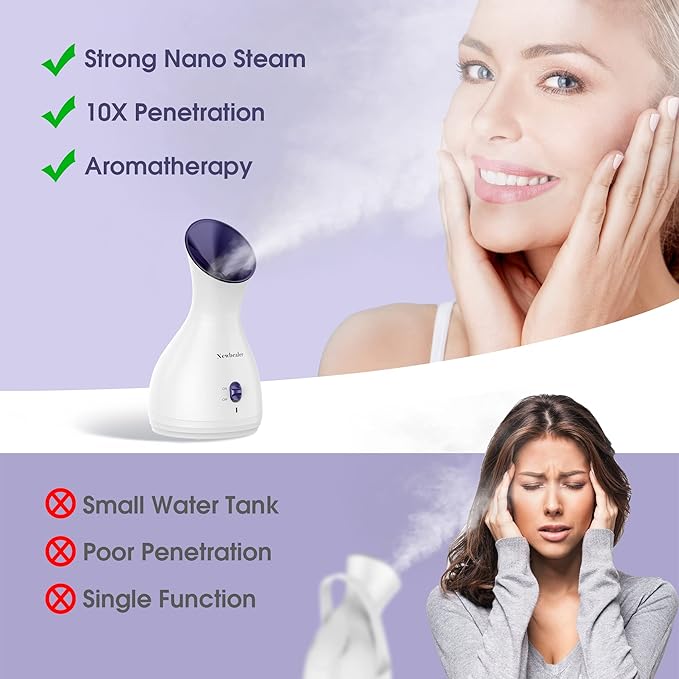 Newbealer 2in1 Facial Steamer, Hot Mist Facial Aromatherapy Humidifier Atomizer, Large Face Steamer Unclogs Pores Sinuses Moisturizing, Home Sauna Spa with Eyebrow Set (Purple, 170 ml)