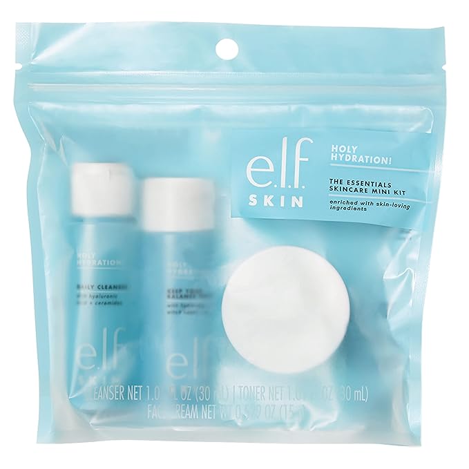 e.l.f. Skin Holy Hydration! The Essentials Mini Kit, Cleanser, Toner & Moisturizer for Hydrated & Balanced Skin, TSA-Friendly Sizes