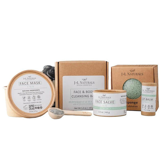 J&L Naturals Simple Skin Regimen Kit With Cleansing Bar, Face Salve, Konjac Sponge, Lip Balm | For Sensitive and Acne-Prone Skin | Zero Waste (Calm (sensitive, acne-prone skin), Exceptional)