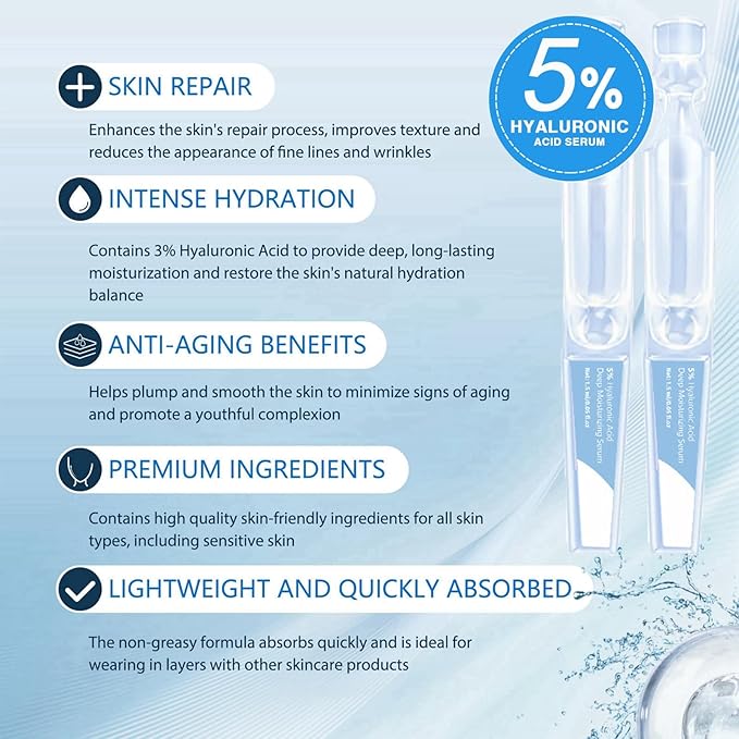 5% Hyaluronic Acid Serum For Face, Ultra Hydrating Vials 4D Hyaluronic Acid Tubes, Anti-Aging Serum For Women Moisturizing, Plumping, Nature Perfection Skin Rejuvenate Face Serums, Single-Use, 30PCS