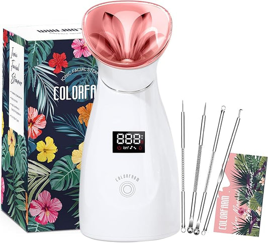 Colorfarm Facial Steamer Nano Ionic: Smart Face Steamer Deep Cleaning Unclogs Pores - Humidifier Hot Mist Home Sauna Spa for Women Men with LCD Display Steam Timer