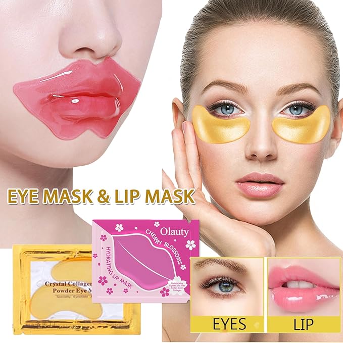 20 Pairs Lip Masks & Eye Masks, 24K Gold Gel Crystal Collagen Eye Pads, Moisturizing Lip Mask Crystal Pads, Under Eye Patches for Puffy Eyes, Dark Circles, Eye Bags, Wrinkles and Fine Lines
