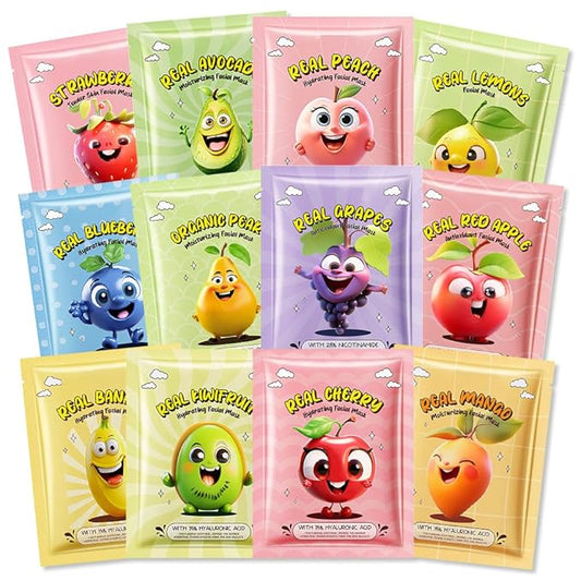 12 Pack Fruit Face Masks for Kids,Hydrating Face Mask For Sensitive Skin,Moisturize,Soothing,Nourish for All Skin Types,Natural Spa Party Facial Mask Skincare Set for Women Men Girls