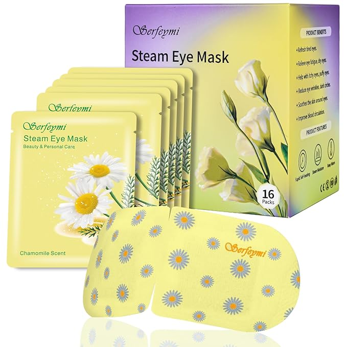 Serfeymi 16 Packs Steam Eye Mask for Sleeping, Self Heating Warm Eye Mask Skincare Disposable Eye SPA Heated Eye Mask for Dry Eyes Dark Circles Tired Eyes, Gifts for Mother's Day(Chamomile)