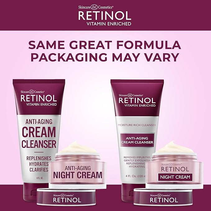 Retinol Night Cream – Works While You Sleep to Restore and Reduce Fine Lines and Wrinkles + Retinol Anti-Aging Cream Cleanser – Daily Deep Cleansing Facial Wash Exfoliates & Moisturizes