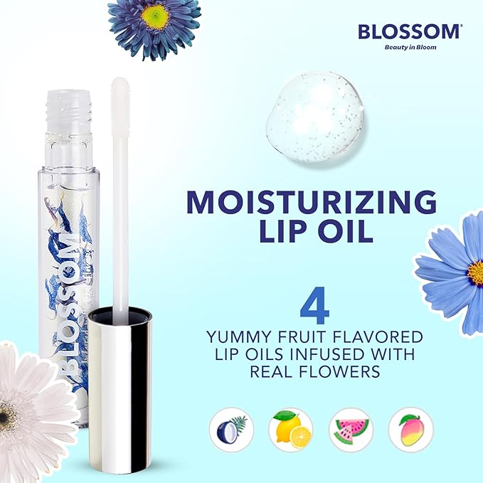 Blossom Lip Gloss & Lip Oil with Olive Oil + Grape Seed Oil, Moisturizing and Hydrating Shimmer Sparkle, Infused with Real Flowers, 3g, Coconut