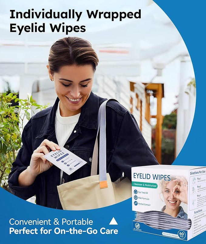 60 Packs Eyelid Cleansing Wipes for Dry Eye & Blepharitis + 30 Packs Steam Eye Masks Lanvender