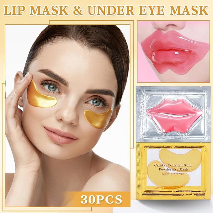 CAHIUYOA 30PCS Lip Mask and Under Eye Masks Set,Pink Lip Masks for Dry Lips 24K Gold Eye Patches for Puffy Eyes,Effective Moisturizing Skin Care